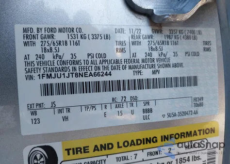 2022 Ford Expedition Xlt из США, поврежденный, VIN 1FMJU1JT8NEA66244